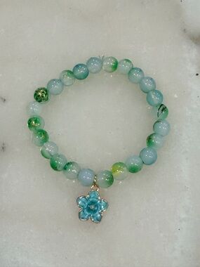 Green-Blue Beaded Flower Charm Stretch Bracelet